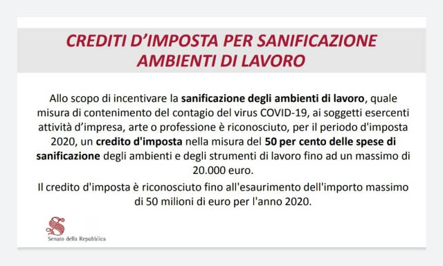 Credito d’imposta per sanificazione ambienti di lavoro